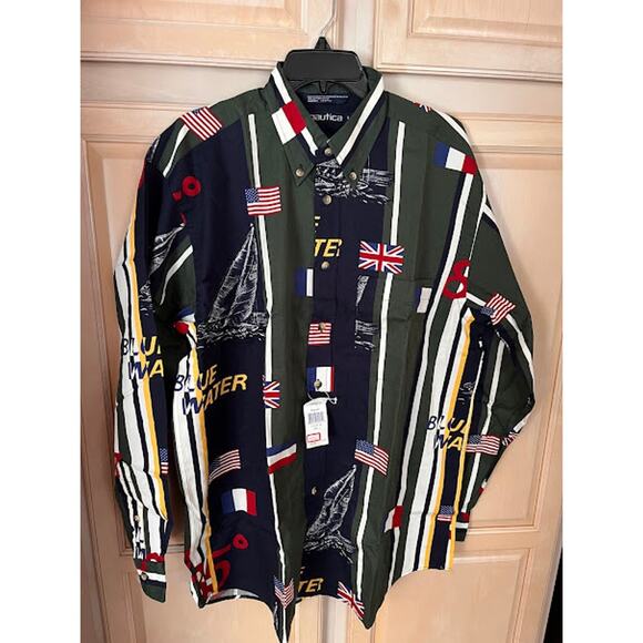 Vintage NWT 90s Nautica Shirt Blue Water Flag Button Down Size Large - Picture 2 of 10